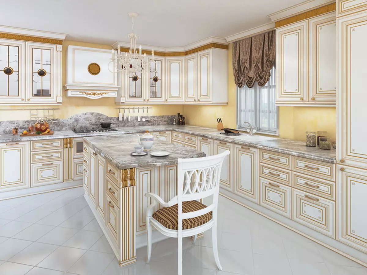 Սպիտակ դասական ոճով խոհանոց (63 նկար). Դասական պատրաստում ժամանակակից դասական ինտերիերում, սպիտակ խոհանոցի ձեւավորում 9543_17