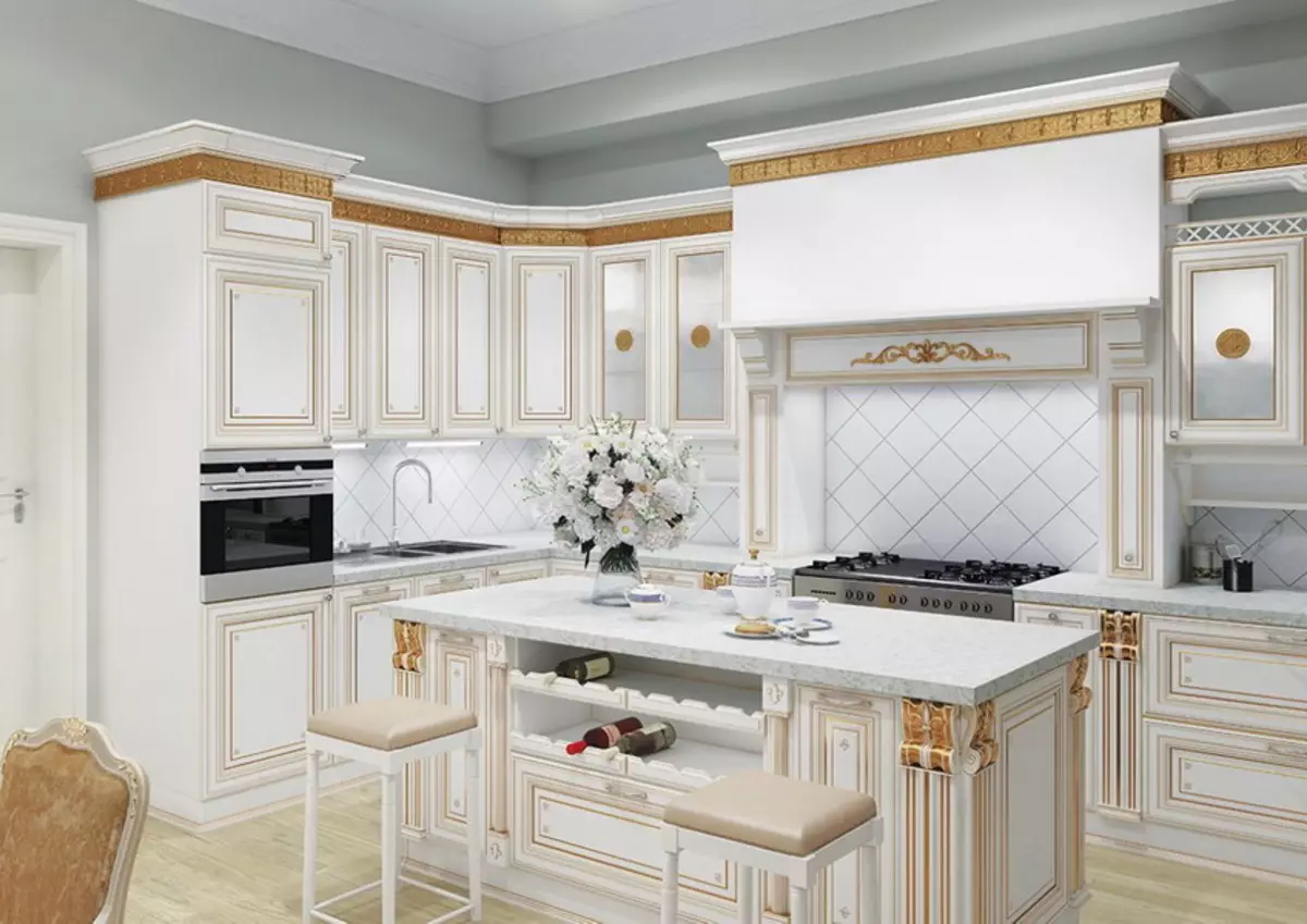 ホワイトクラシックスタイルのキッチン（63枚の写真）：モダンな古典的なインテリア、白いキッチンデザインでの古典的な料理 9543_20