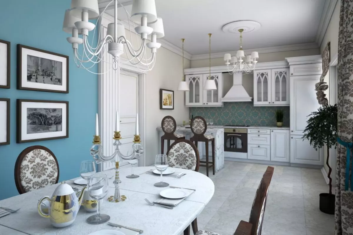 ホワイトクラシックスタイルのキッチン（63枚の写真）：モダンな古典的なインテリア、白いキッチンデザインでの古典的な料理 9543_22