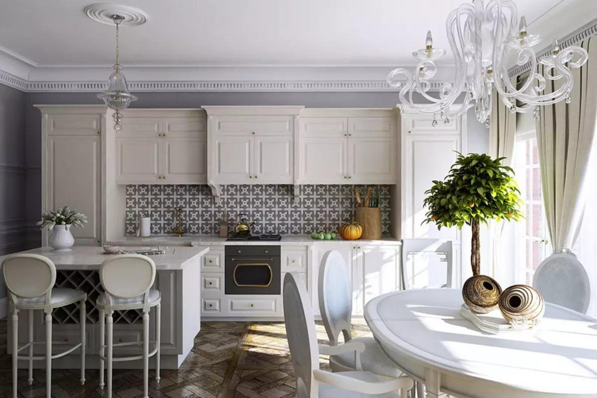 ホワイトクラシックスタイルのキッチン（63枚の写真）：モダンな古典的なインテリア、白いキッチンデザインでの古典的な料理 9543_36