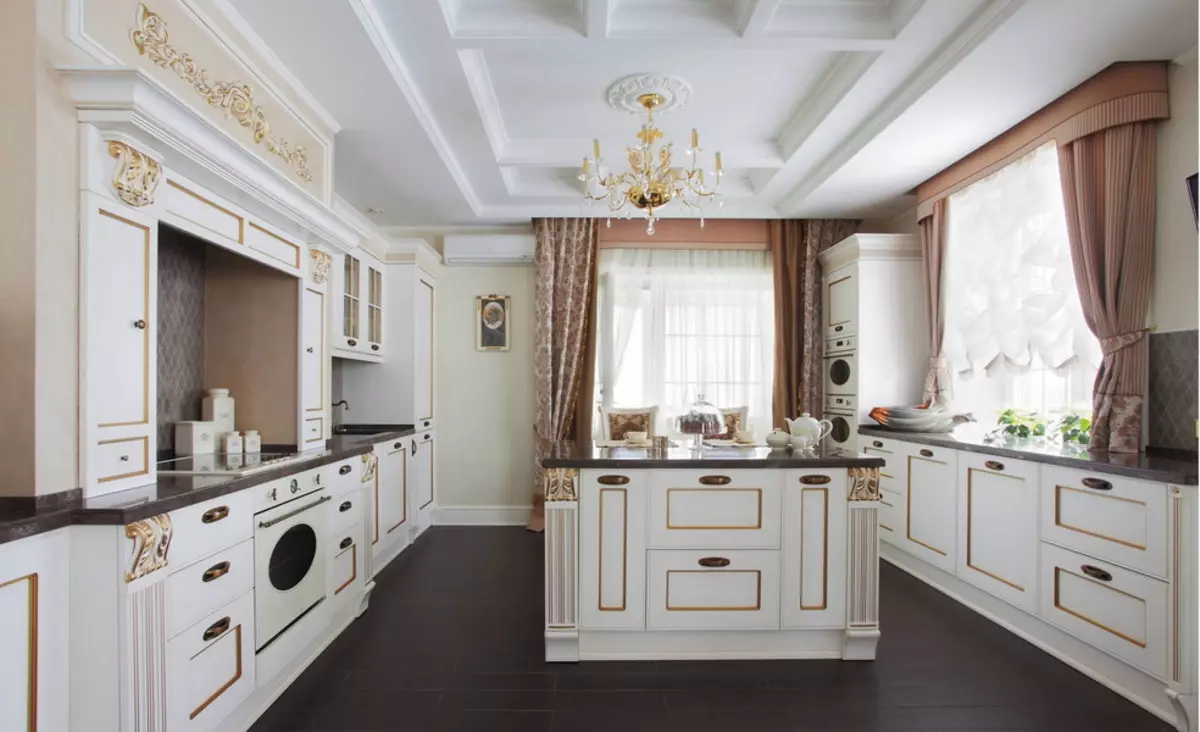 آشپزخانه سبک کلاسیک سفید (63 عکس): پخت و پز کلاسیک در مدرن کلاسیک کلاسیک، طراحی آشپزخانه سفید 9543_37