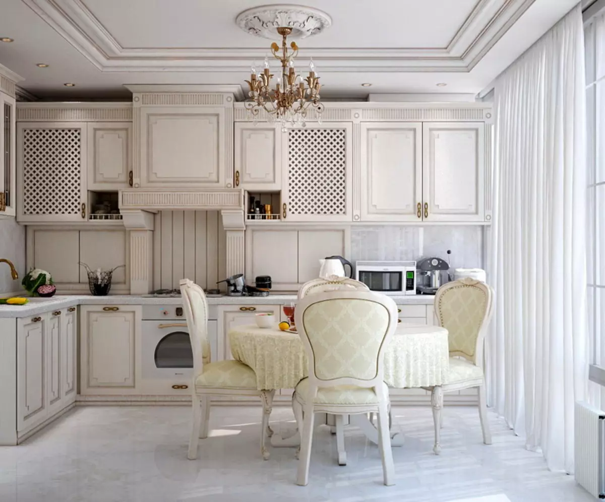 White Classic Style Kitchen (63 mga larawan): Classic Pagluluto sa Modern Classic Interior, White Kitchen Design 9543_4