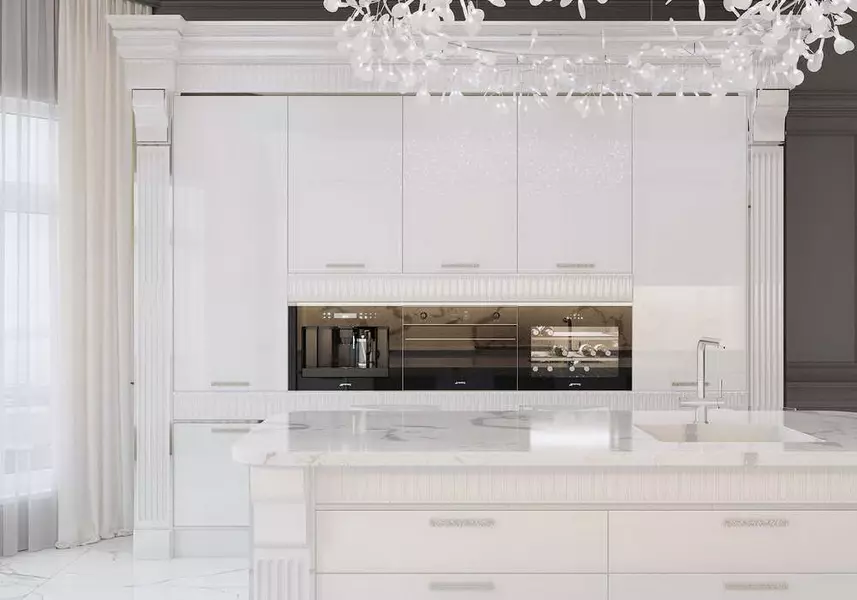 Սպիտակ դասական ոճով խոհանոց (63 նկար). Դասական պատրաստում ժամանակակից դասական ինտերիերում, սպիտակ խոհանոցի ձեւավորում 9543_50