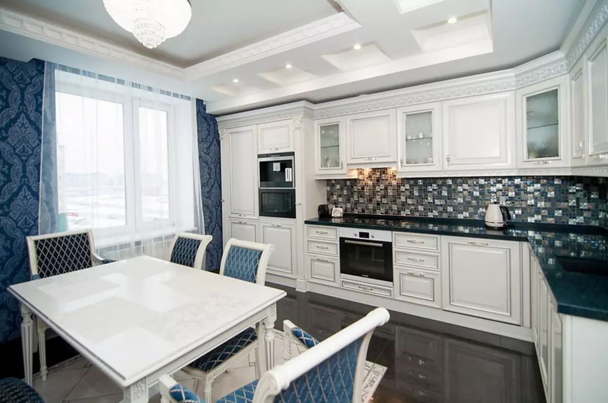 White Classic Style Kitchen (63 mga larawan): Classic Pagluluto sa Modern Classic Interior, White Kitchen Design 9543_9