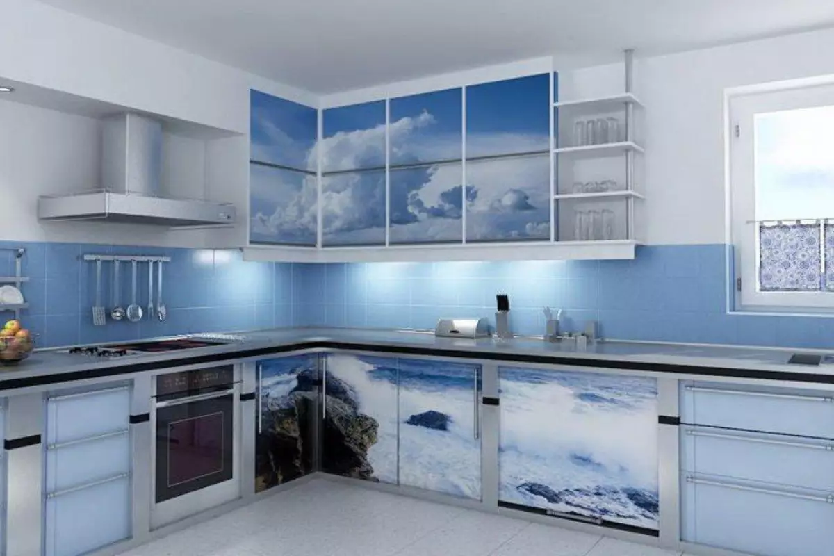 Dapur dengan cetak foto (54 foto): headset dapur dengan cetak foto pada fasad, 