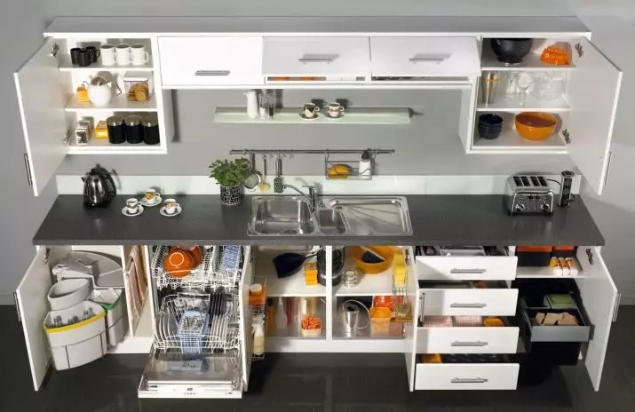 Вградена кухня за малка кухня (54 снимки) се отличава с вградени кухненски бокс с вградени уреди, опции за дизайн 9549_20