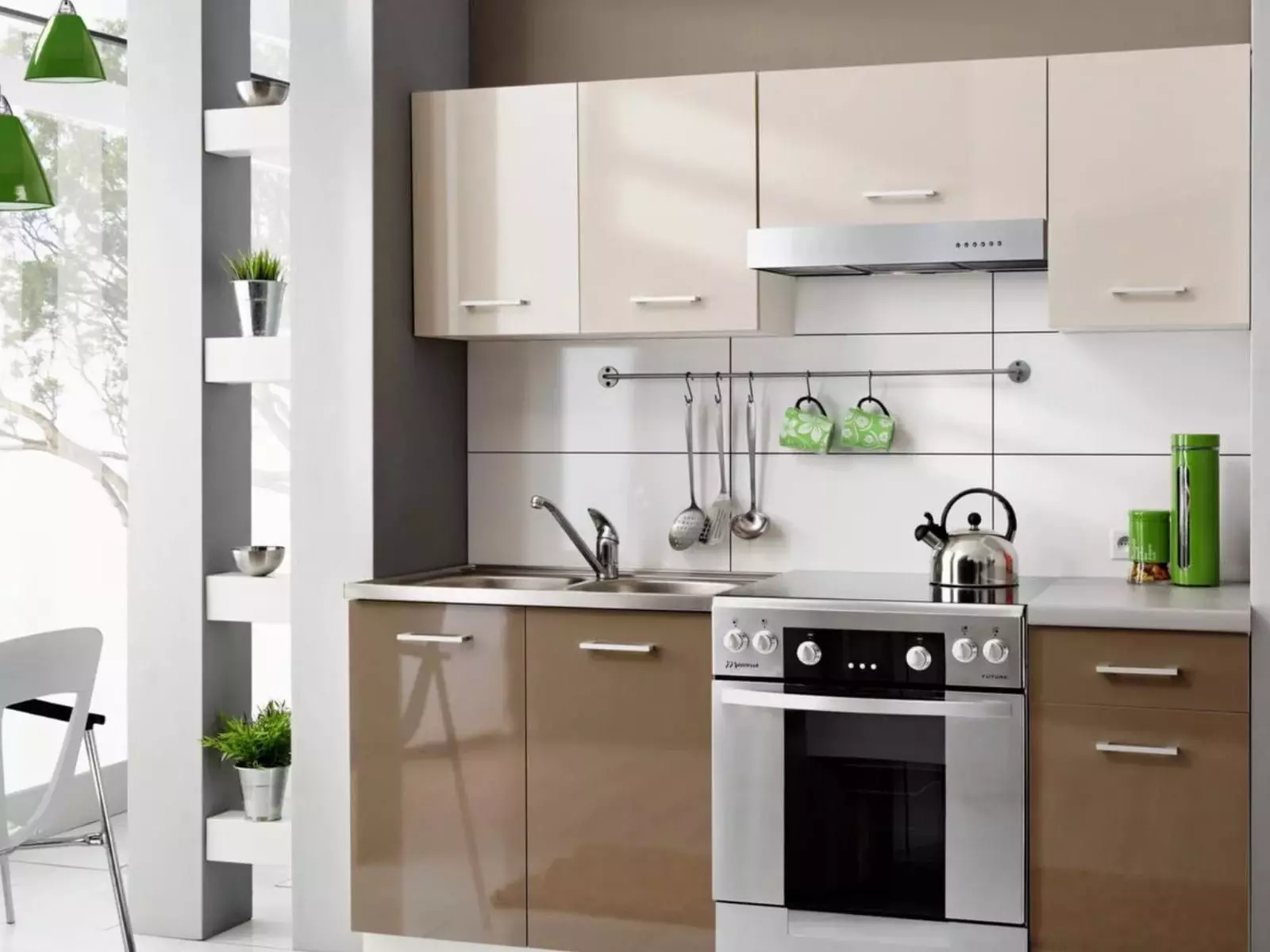 Bếp tích hợp cho nhà bếp nhỏ (54 ảnh): Các tính năng của nhà bếp nhúng với thiết bị tích hợp, tùy chọn thiết kế 9549_53