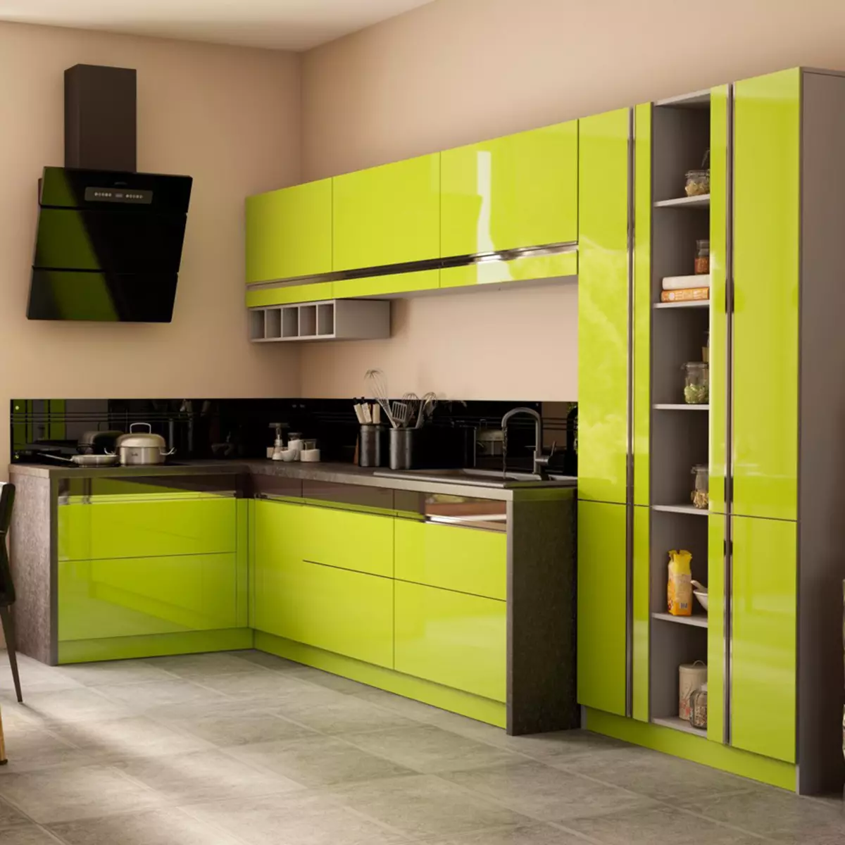 Keittiö kalkki (52 valokuvaa): Lyme-värillinen keittiön kuulokkeet wenge, valkoinen ja muut keittiön sisätilat. Mitä muita sävyjä yhdistetään kalkkiin? 9551_23