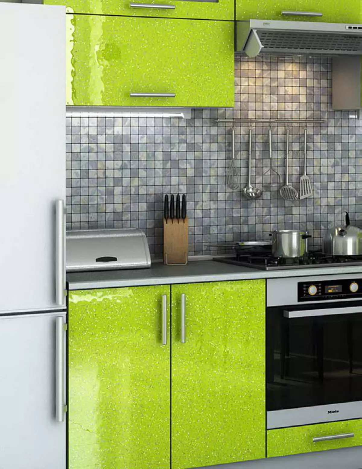 Keittiö kalkki (52 valokuvaa): Lyme-värillinen keittiön kuulokkeet wenge, valkoinen ja muut keittiön sisätilat. Mitä muita sävyjä yhdistetään kalkkiin? 9551_36