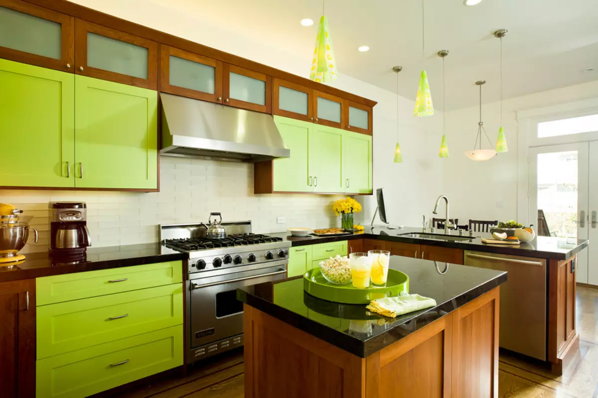 Lime de cociña (52 fotos): auriculares de cociña de cor lyme con Wenge, branco e outros tons na cociña interior. Que outras sombras se combinan con cal? 9551_5