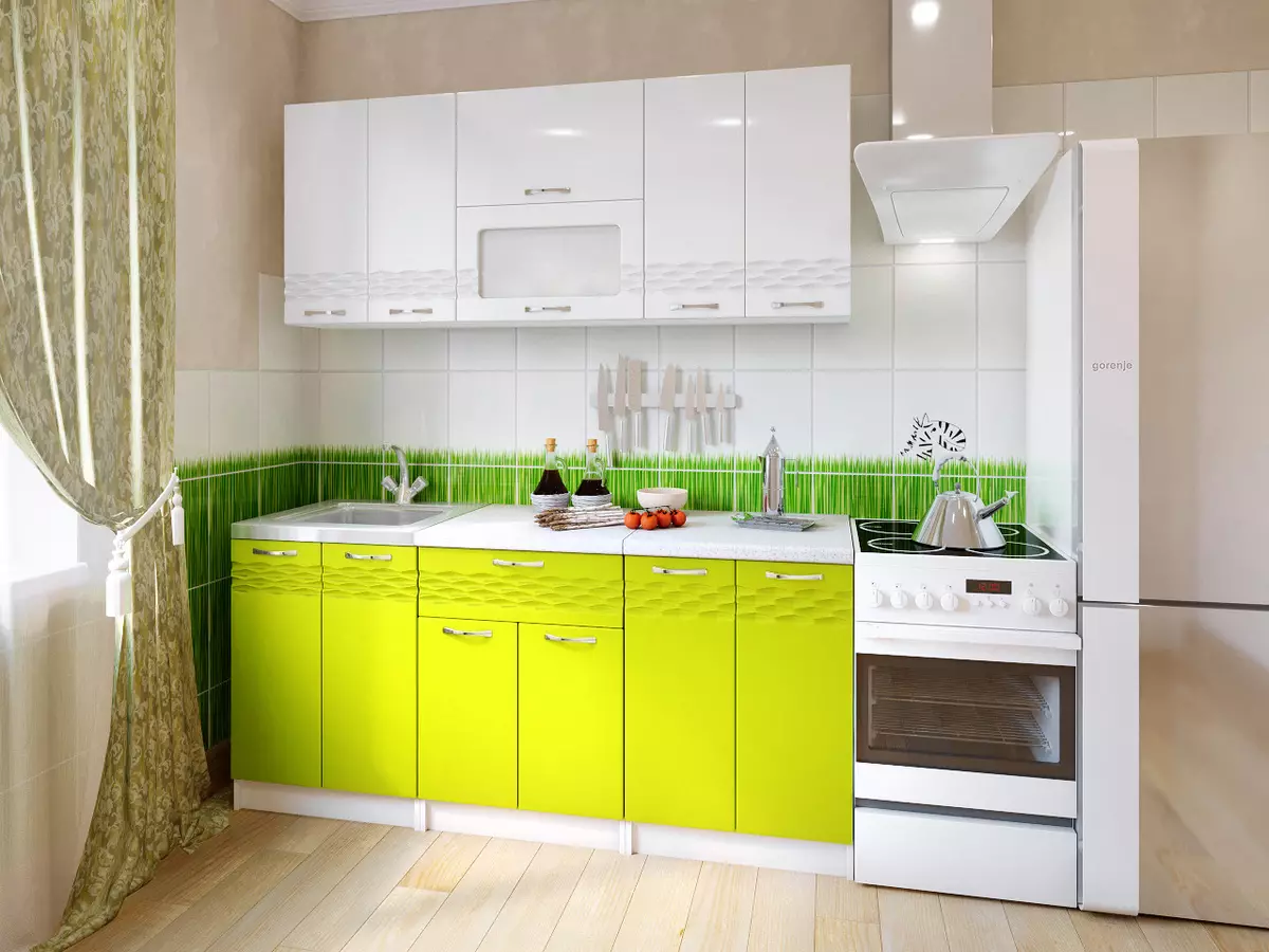 Keittiö kalkki (52 valokuvaa): Lyme-värillinen keittiön kuulokkeet wenge, valkoinen ja muut keittiön sisätilat. Mitä muita sävyjä yhdistetään kalkkiin? 9551_6