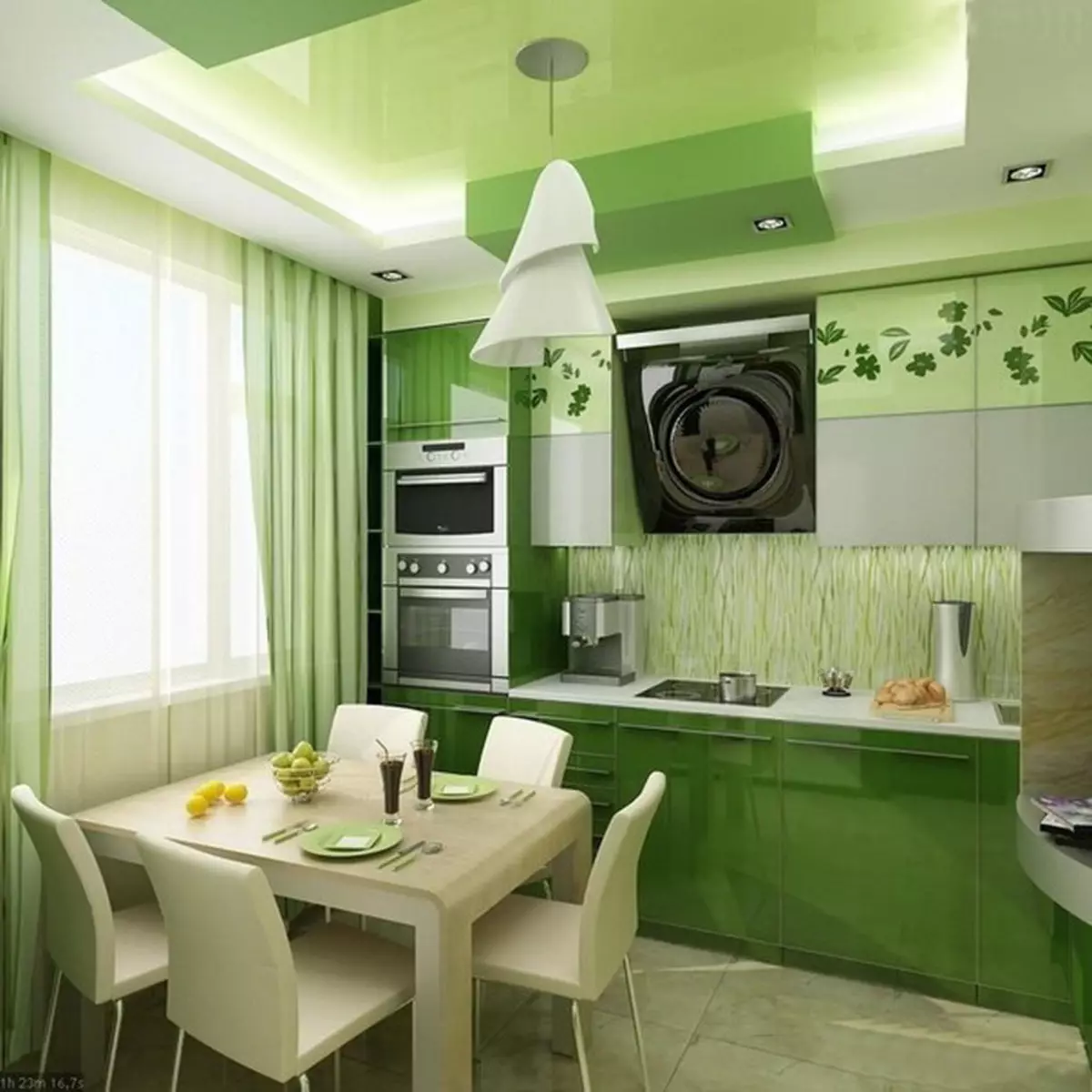 Зелена кухиња (111 фотографија): Греен Кухињске слушалице у дизајну ентеријера, Греен Валлпапер Селекција, сиво-зелено и тамнозелено зелено, црно-зелено и зелено смеђе кухиње 9554_10