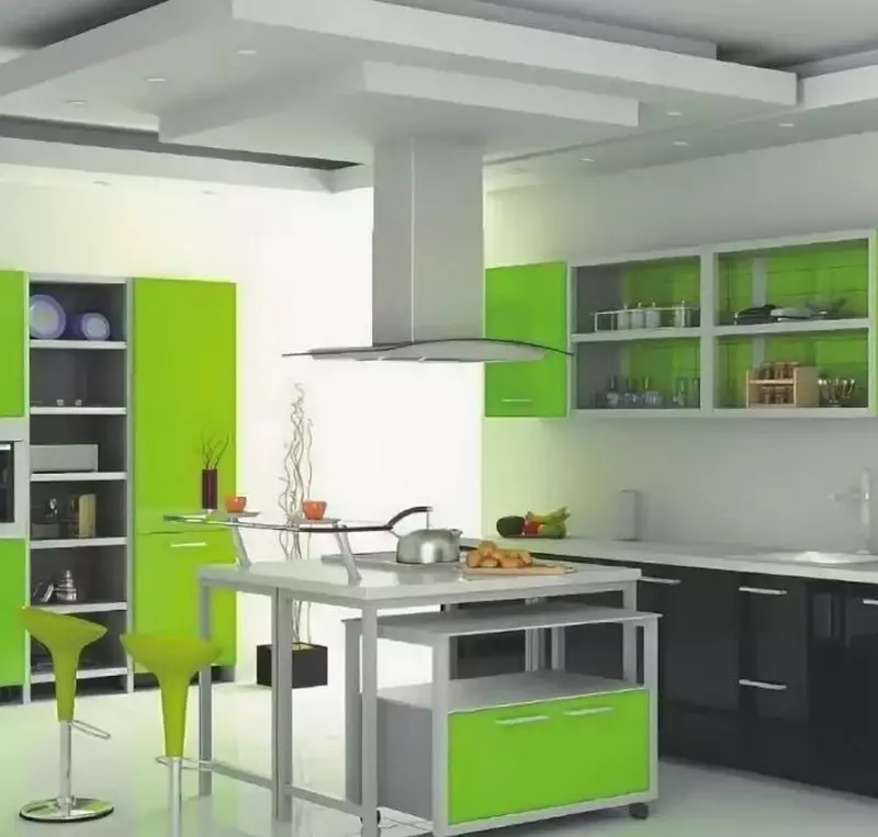 Hijau masakan (111 foto): Headset dapur hijau dalam desain interior, pemilihan wallpaper hijau, abu-abu-hijau dan hijau tua, hitam dan hijau dan kitchen cokelat hijau 9554_103