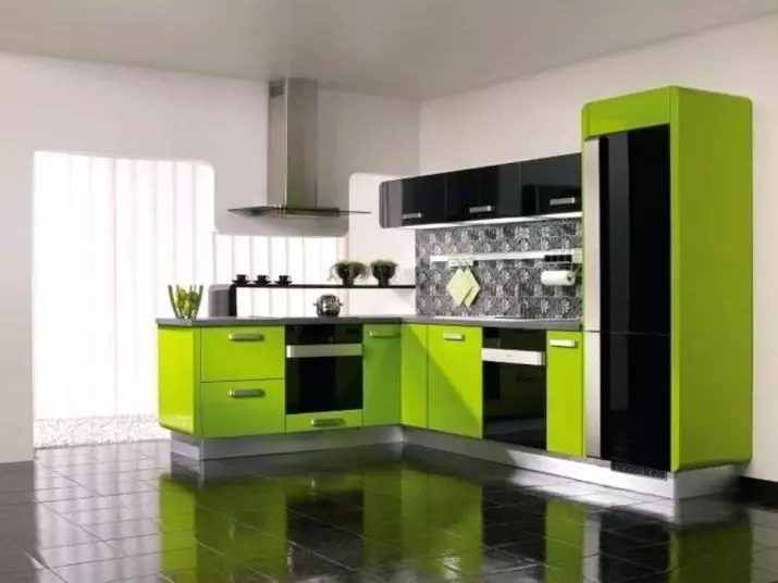 Cucina verde (111 foto): Cuffia da cucina verde in interior design, selezione di carta da parati verde, grigio-verde e verde scuro, nero e verde e verde cucina marrone 9554_108