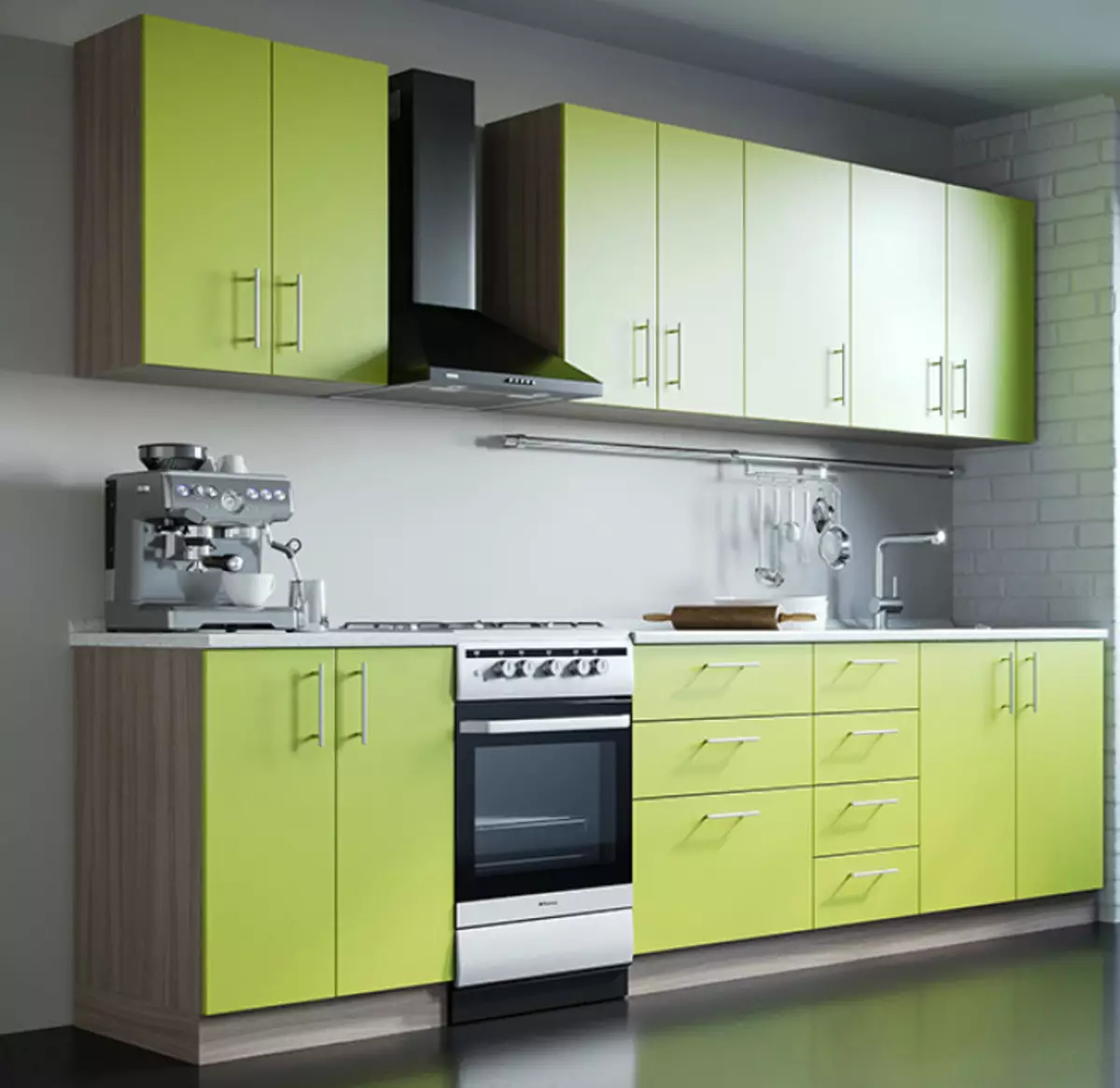 Ẩm thực xanh (111 Ảnh): Tai nghe nhà bếp màu xanh lá cây trong thiết kế nội thất, lựa chọn hình nền màu xanh lá cây, màu xám xanh và xanh đậm, đen và xanh lá cây và nhà bếp màu nâu xanh 9554_19