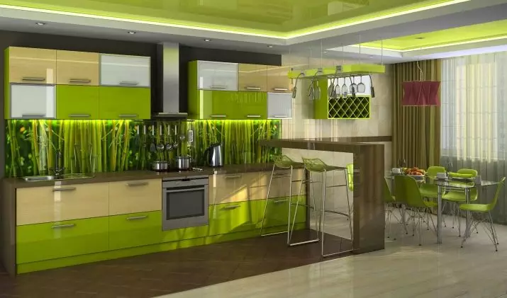 Green cuisine (111 mga larawan): Green kitchen headset sa interior design, berde wallpaper selection, grey-green and dark green, black and green and green brown kitchen 9554_2
