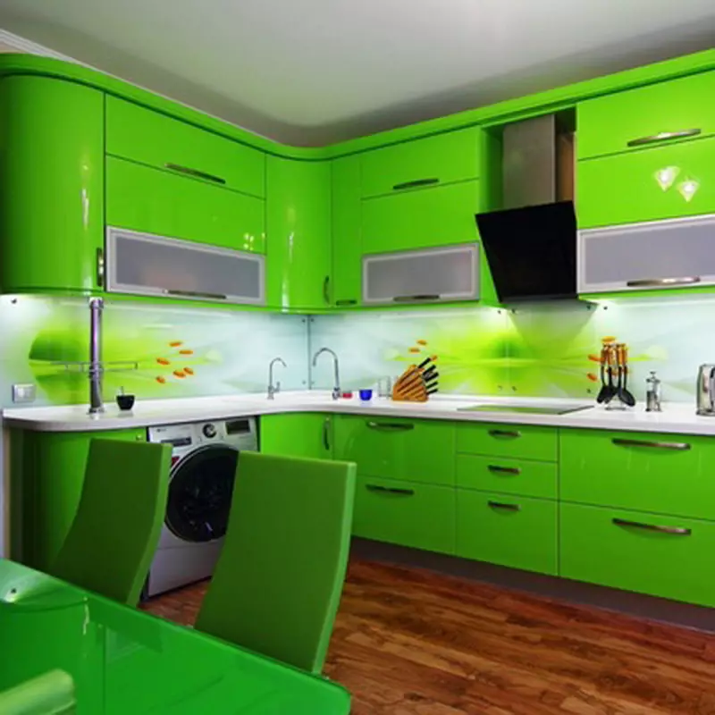 Grønn mat (111 bilder): Green Kitchen Headset i interiørdesign, Green Wallpaper Selection, Grey-Green og Dark Green, Black and Green and Green Brown Kitchen 9554_21