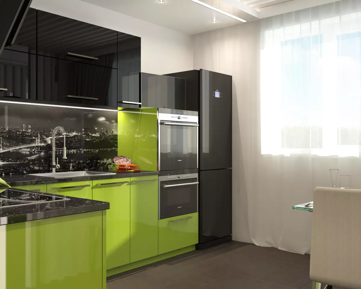 گرین کھانا (111 فوٹو): داخلہ ڈیزائن میں گرین باورچی خانے کے ہیڈسیٹ، گرین وال پیپر انتخاب، سرمئی سبز اور سیاہ سبز، سیاہ اور سبز اور سبز بھوری باورچی خانے 9554_28