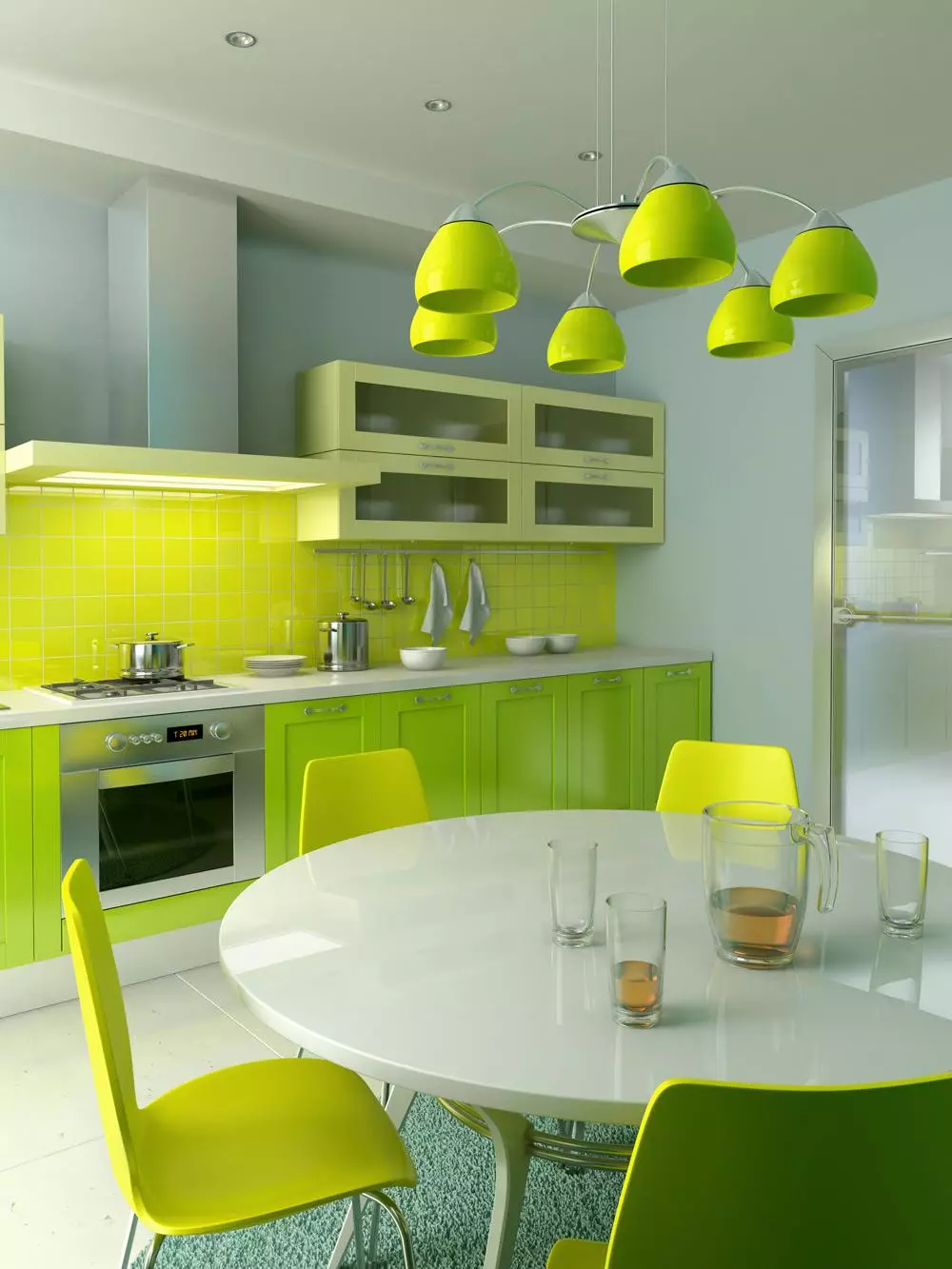 Green cuisine (111 mga larawan): Green kitchen headset sa interior design, berde wallpaper selection, grey-green and dark green, black and green and green brown kitchen 9554_6