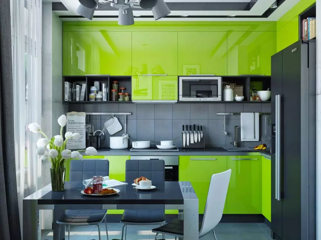 گرین کھانا (111 فوٹو): داخلہ ڈیزائن میں گرین باورچی خانے کے ہیڈسیٹ، گرین وال پیپر انتخاب، سرمئی سبز اور سیاہ سبز، سیاہ اور سبز اور سبز بھوری باورچی خانے 9554_66