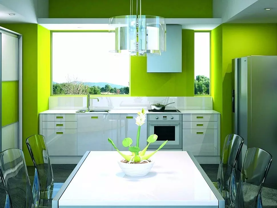 Green Cuisine (111 foto's): Griene keuken headset yn ynterieurûntwerp, Greed wallpaper Seleksje, griis en donker grien, swart en griene brune keuken 9554_67