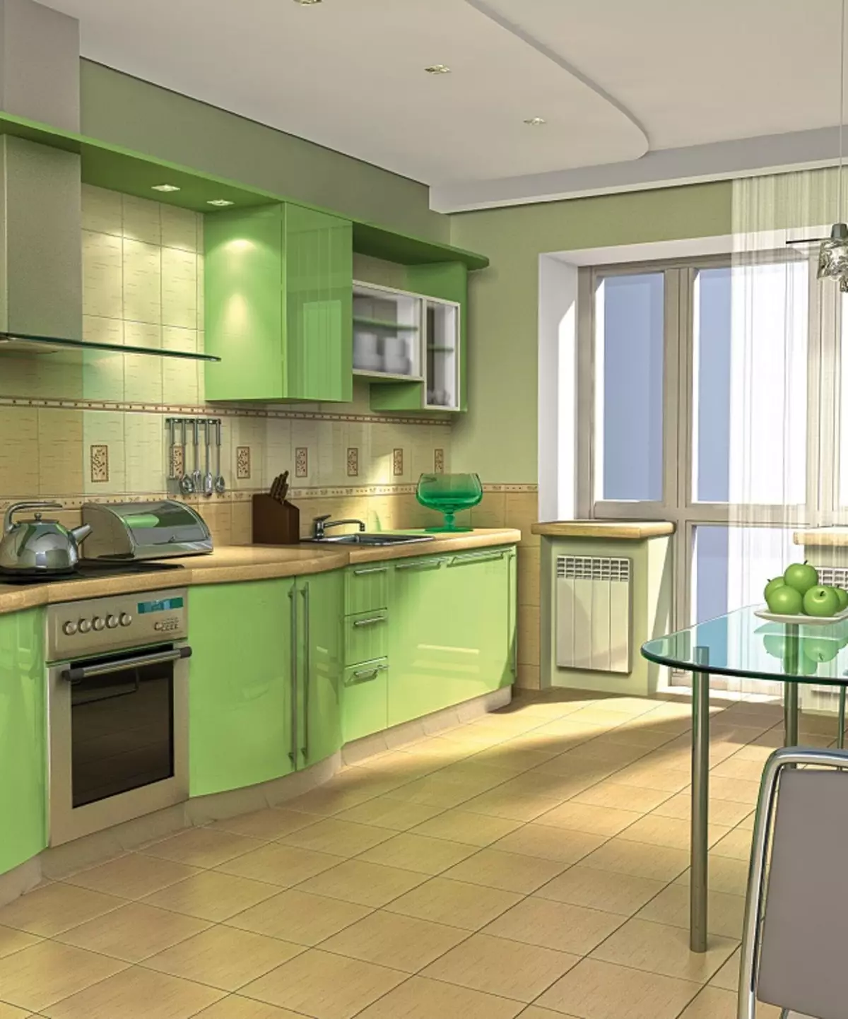 Zelená kuchyně (111 fotografií): zelená kuchyňská sluchátka v interiéru, zelené tapety výběr, šedozelená a tmavě zelená, černá a zelená a zelená hnědá kuchyně 9554_73