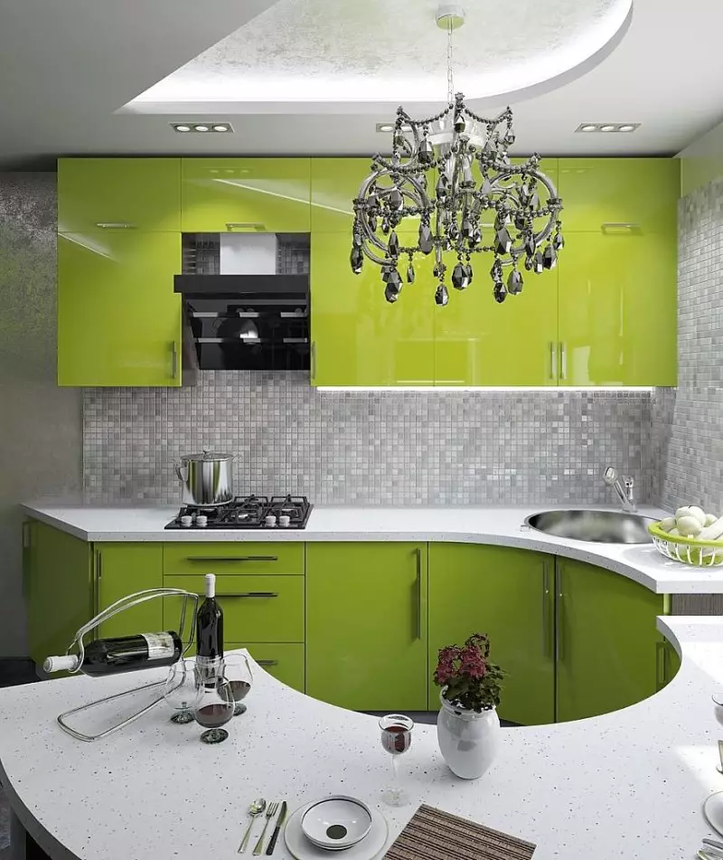 Zelena kuhinja (111 fotografije): zelena kuhinja slušalica u dizajnu interijera, zelena pozadina selekcija, sivo-zelena i tamno zelena, crna i zelena i zelena smeđa kuhinja 9554_8
