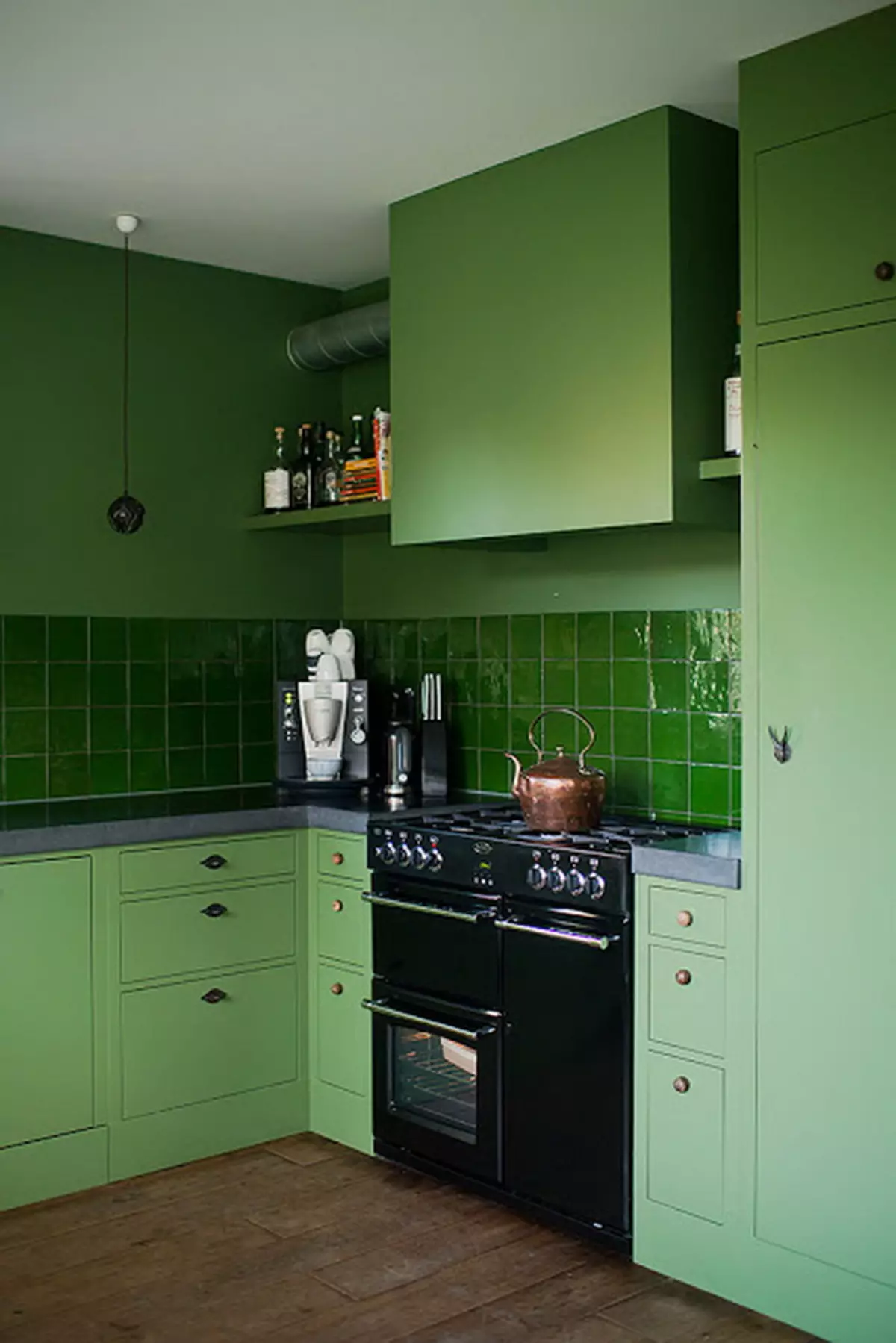 Zelena kuhinja (111 fotografije): zelena kuhinja slušalica u dizajnu interijera, zelena pozadina selekcija, sivo-zelena i tamno zelena, crna i zelena i zelena smeđa kuhinja 9554_85
