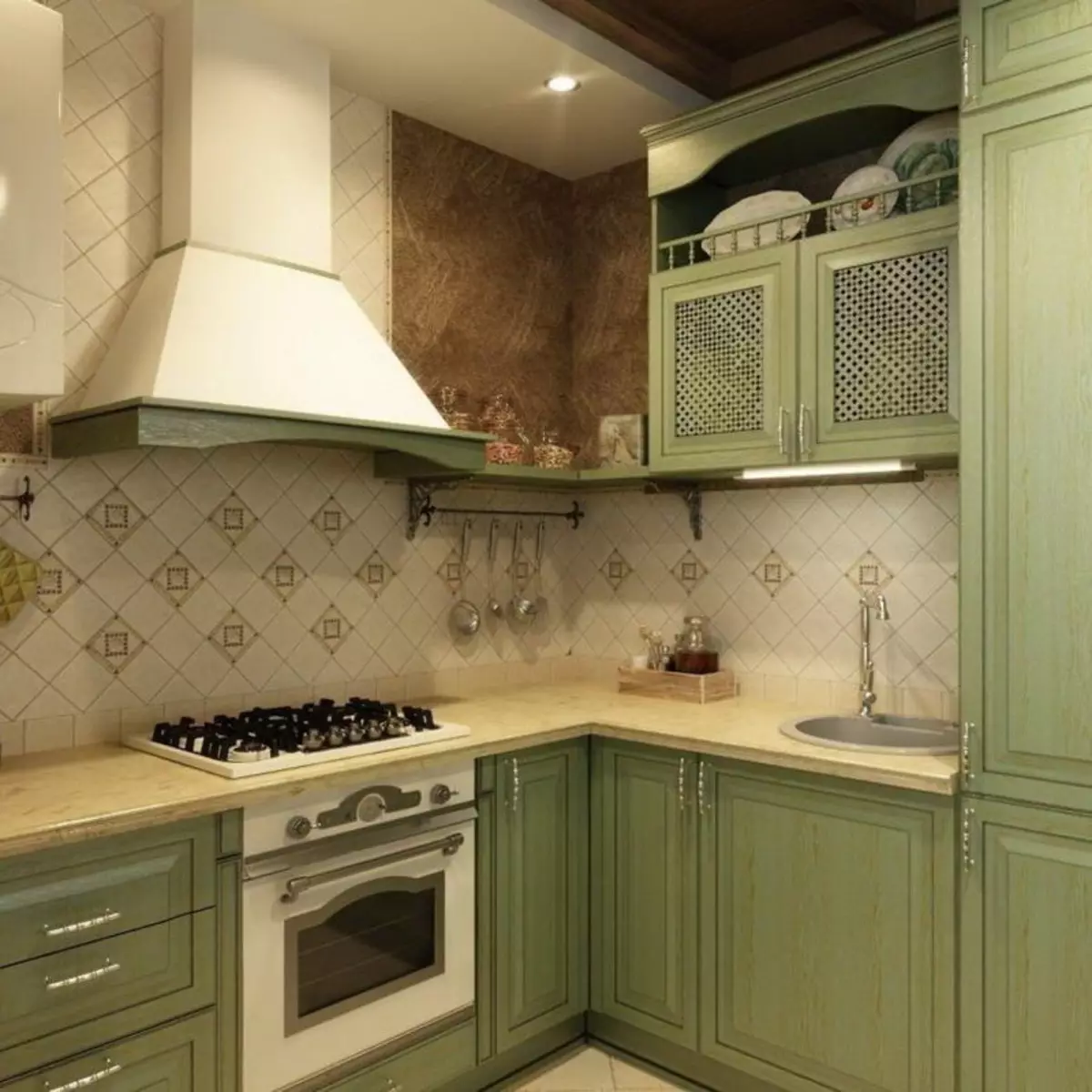 Ẩm thực xanh (111 Ảnh): Tai nghe nhà bếp màu xanh lá cây trong thiết kế nội thất, lựa chọn hình nền màu xanh lá cây, màu xám xanh và xanh đậm, đen và xanh lá cây và nhà bếp màu nâu xanh 9554_91