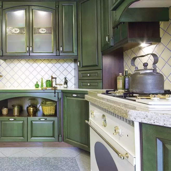 Zelená kuchyňa (111 fotografií): zelená kuchyňa headset v interiéri dizajn, zelený výber tapety, sivá-zelená a tmavo zelená, čierna a zelená a zelená hnedá kuchyňa 9554_99