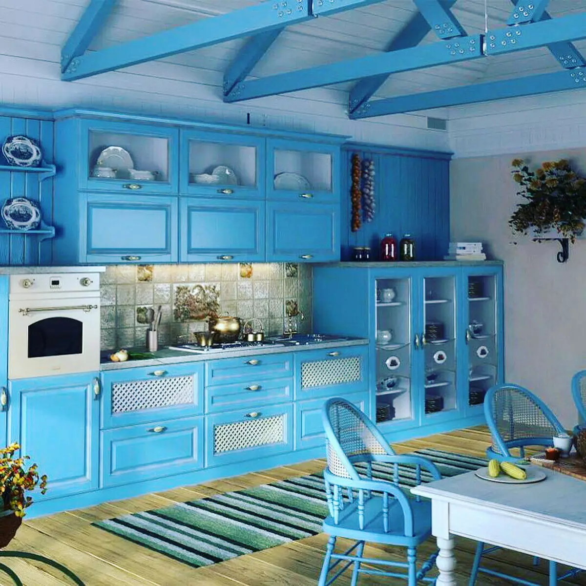 藍廚房（82張照片）：在藍色廚房套裝內部合併哪種顏色？淺藍色和深藍色色調的廚房設計 9555_58