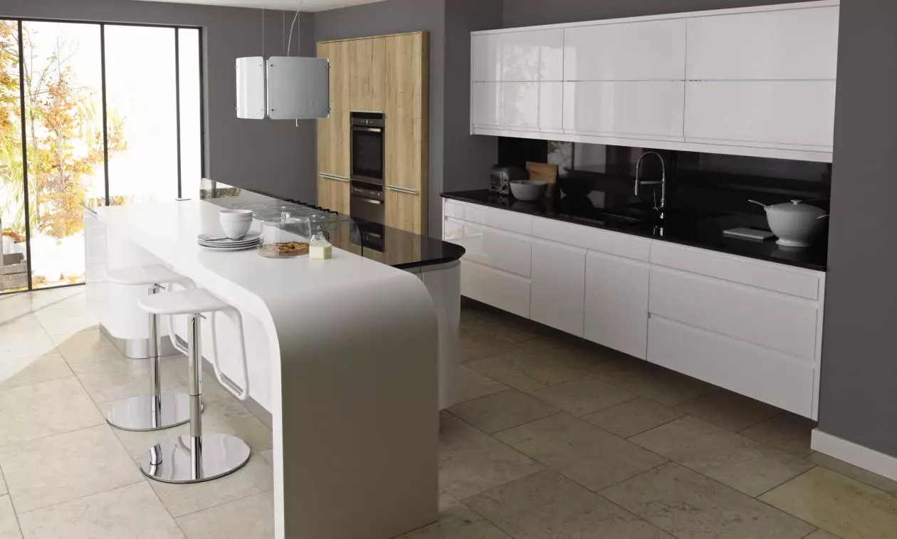 Nhà bếp bóng trắng (61 ảnh): Tai nghe nhà bếp trong thiết kế nội thất theo phong cách hiện đại. Tài liệu nào tốt hơn? Các mặt tiền của nhà bếp mô-đun là gì? Ưu điểm và nhược điểm 9560_10