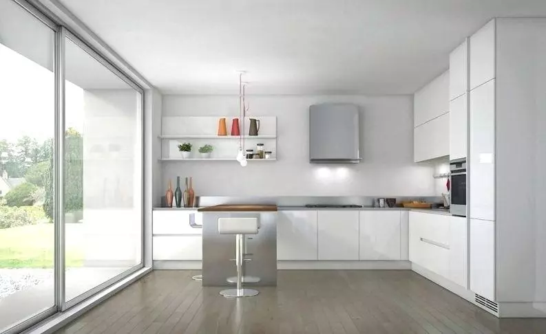 Biela lesklá kuchyňa (61 fotografií): kuchynské slúchadlá v interiéri dizajn v modernom štýle. Aký materiál je lepší? Aké sú fasády modulárnych kuchýň? Výhody a nevýhody 9560_40