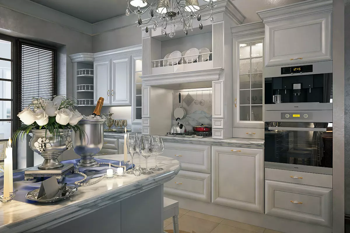Hvit glanset kjøkken (61 bilder): Kjøkkenhodetelefoner i interiørdesignet i moderne stil. Hvilket materiale er bedre? Hva er fasadene av modulære kjøkken? Fordeler og ulemper 9560_55