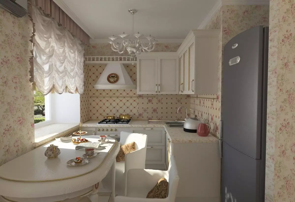 Hjørne kjøkken i Khrushchevka (60 bilder): Små kjøkken med kjøleskap i vinduet og vasken i hjørnet, andre ferdige kjøkken, designalternativer 9572_45
