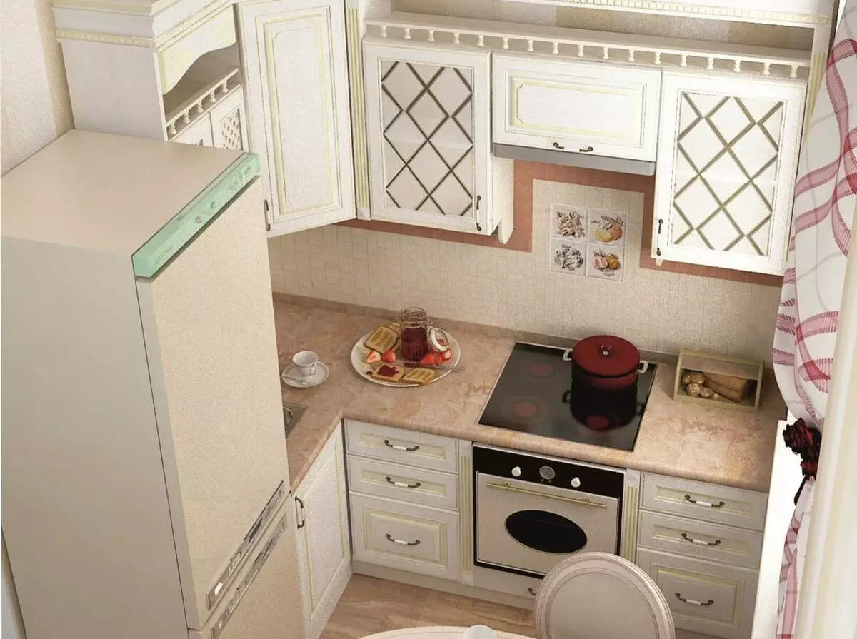 Hjørne kjøkken i Khrushchevka (60 bilder): Små kjøkken med kjøleskap i vinduet og vasken i hjørnet, andre ferdige kjøkken, designalternativer 9572_56