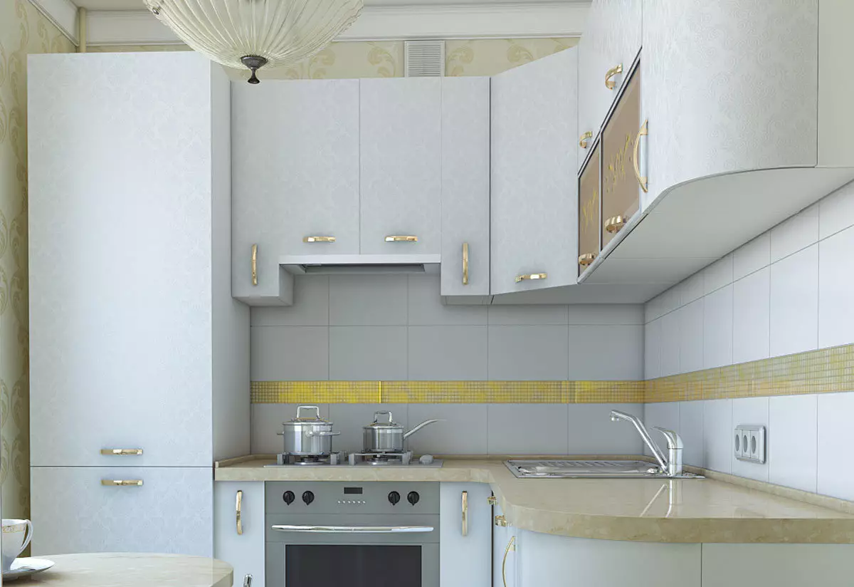 Corner Kuchyne v Khruščov (60 fotografií): Malé kuchyne s chladničkou v okne a umývadlo v rohu, ďalšie pripravené kuchyne, možnosti dizajnu 9572_6