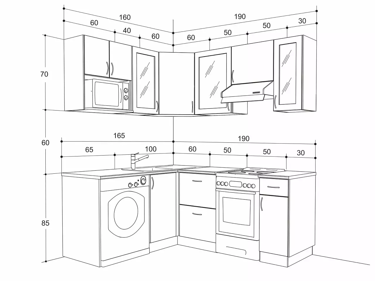 Која е висината на кујнските кабинети? 14 Фото стандарди за растојание на подот и од работната површина до горните шкаф 9578_2