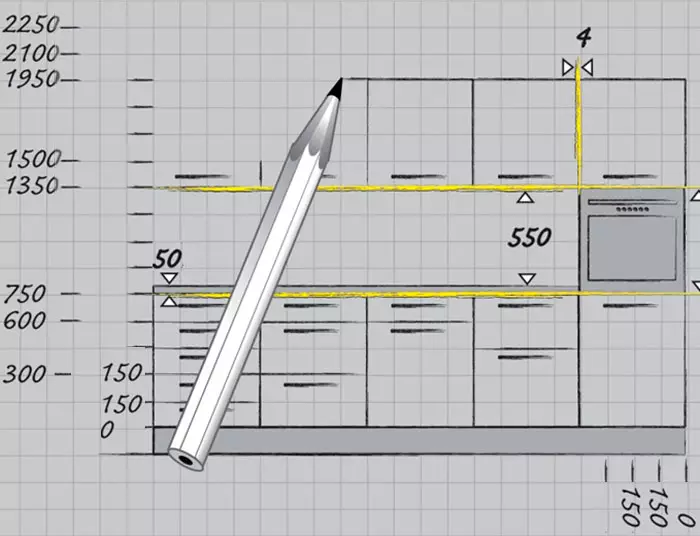 Која е висината на кујнските кабинети? 14 Фото стандарди за растојание на подот и од работната површина до горните шкаф 9578_3