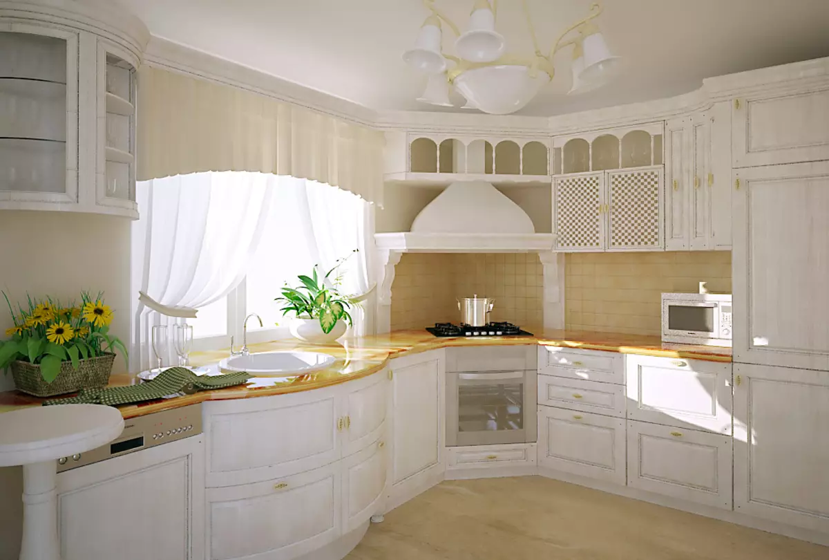 Bir pencere ile köşe mutfaklar (55 fotoğraf): Çalışma alanında bir pencere ile özel bir evde mutfak tasarımı, pencere boyunca yıkama ile bir mutfak kulaklık konusundaki nüanslar 9583_15