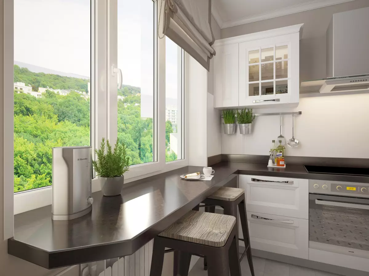 Bir pencere ile köşe mutfaklar (55 fotoğraf): Çalışma alanında bir pencere ile özel bir evde mutfak tasarımı, pencere boyunca yıkama ile bir mutfak kulaklık konusundaki nüanslar 9583_50