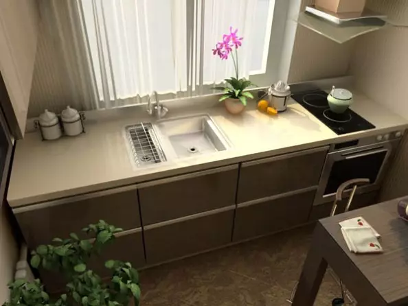 Cociña ao longo da xanela (37 fotos): Como elixir un conxunto de cociña? Exemplos de deseño nun pequeno apartamento. Que facer coa batería? 9600_19