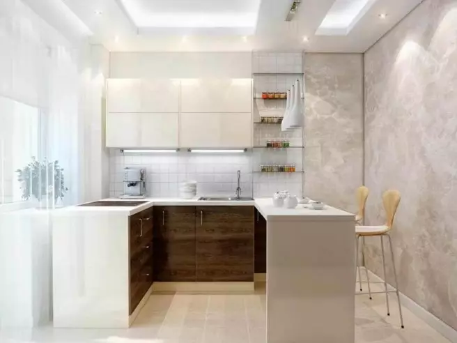 P-alakú konyha bárszámlálóval (48 fotó): Kis konyhák tervezése P-alakú. Gyönyörű példák a belső térben 9605_13