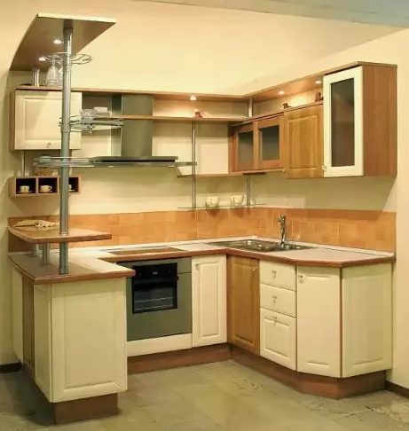 P-alakú konyha bárszámlálóval (48 fotó): Kis konyhák tervezése P-alakú. Gyönyörű példák a belső térben 9605_23