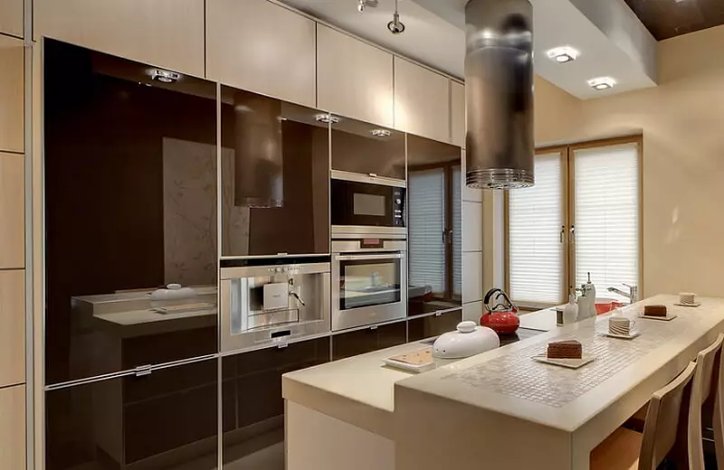 Virtuves komplekts bārs ar bāru (64 fotogrāfijas): modernas tiešās iebūvētās un parastās virtuves bez top skapjiem un ar tiem komplektā ar bāra skaitītāju 9606_13