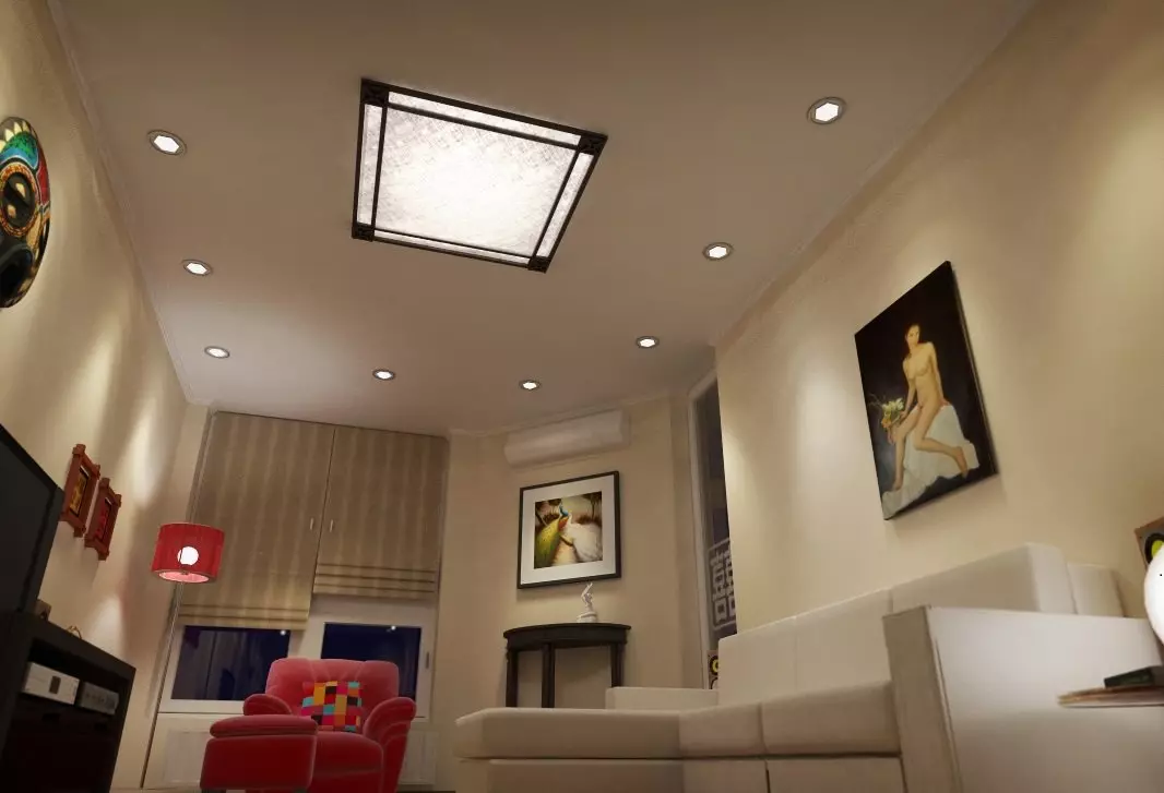 תאורה את התקרה המתיחה במסדרון (61 תמונות): כיצד לאתר מנורות לדגשת הסלון ללא נברשת? תכונות של תאורה נקודה, אפשרויות עבור המיקום של נורות LED 9617_22