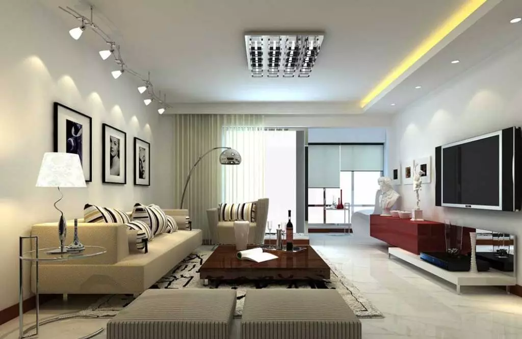 Het aansteken van de spanplafond in de hal (61 foto's): Hoe lampen te vinden voor het benadrukken in de woonkamer zonder een kroonluchter? Kenmerken van punt verlichting, opties voor de locatie van de LED-lampen 9617_23