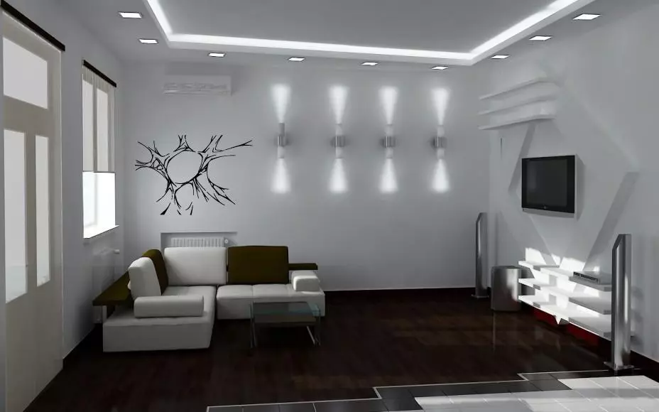 תאורה את התקרה המתיחה במסדרון (61 תמונות): כיצד לאתר מנורות לדגשת הסלון ללא נברשת? תכונות של תאורה נקודה, אפשרויות עבור המיקום של נורות LED 9617_42