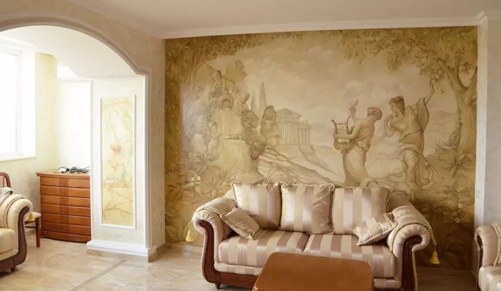 Ζωγραφική σαλόνι: επιλογή εξοπλισμού και θέματα σχεδίων για τοιχογραφία στην αίθουσα 9622_13