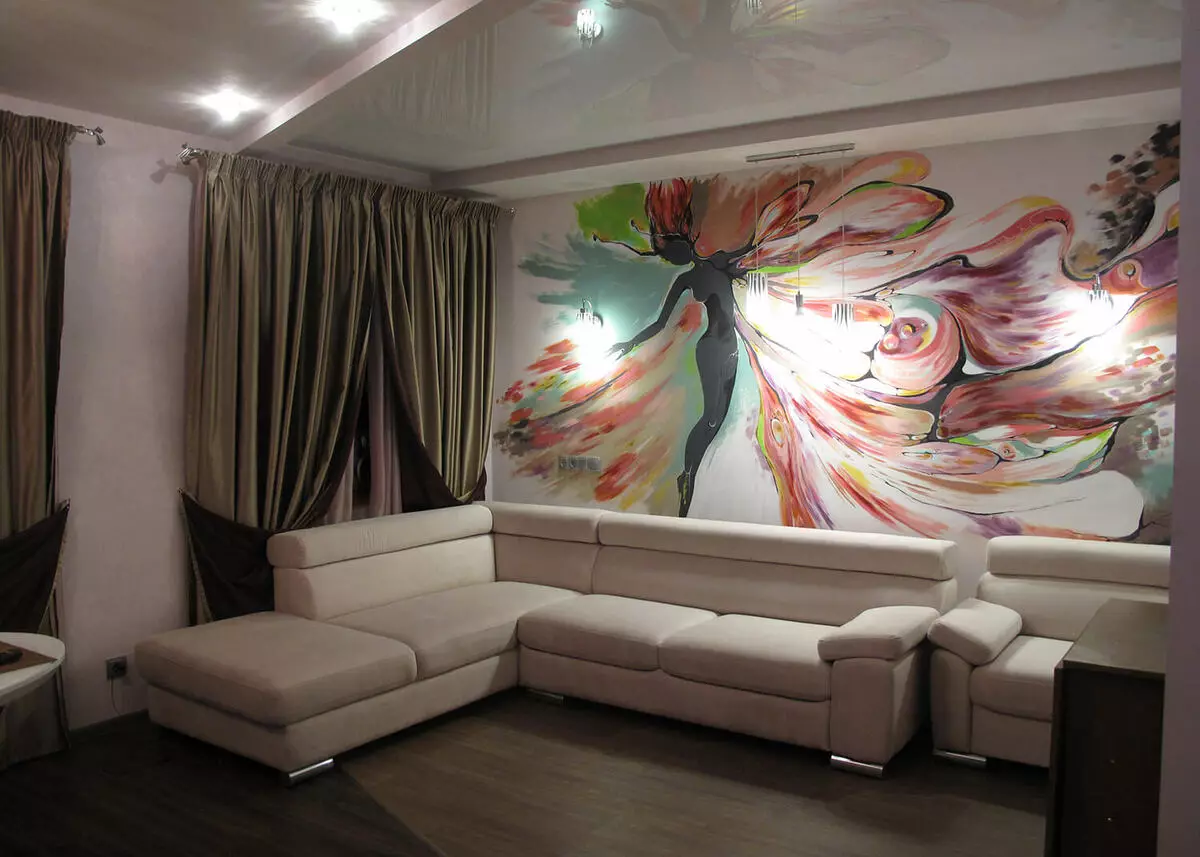 Ζωγραφική σαλόνι: επιλογή εξοπλισμού και θέματα σχεδίων για τοιχογραφία στην αίθουσα 9622_16